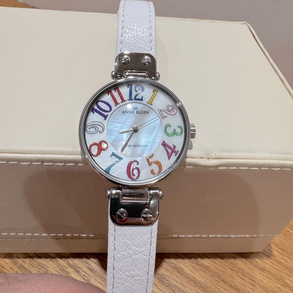 Anne Klein funky Multicolor Dial Watch with White leather Strap vintage